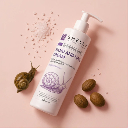 Крем для рук та нігтів з алантоїном, екстрактом равлика та олією каріте Shelly 500 мл