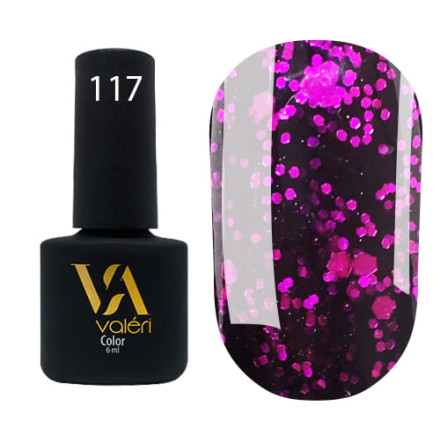 Гель-лак Valeri color №117 (Чорний напівпрозорий з рожевими блискітками), 6 ml