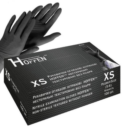 Рукавички нітрилові HOFFEN нестерильні текстуровані без пудри, чорні XS